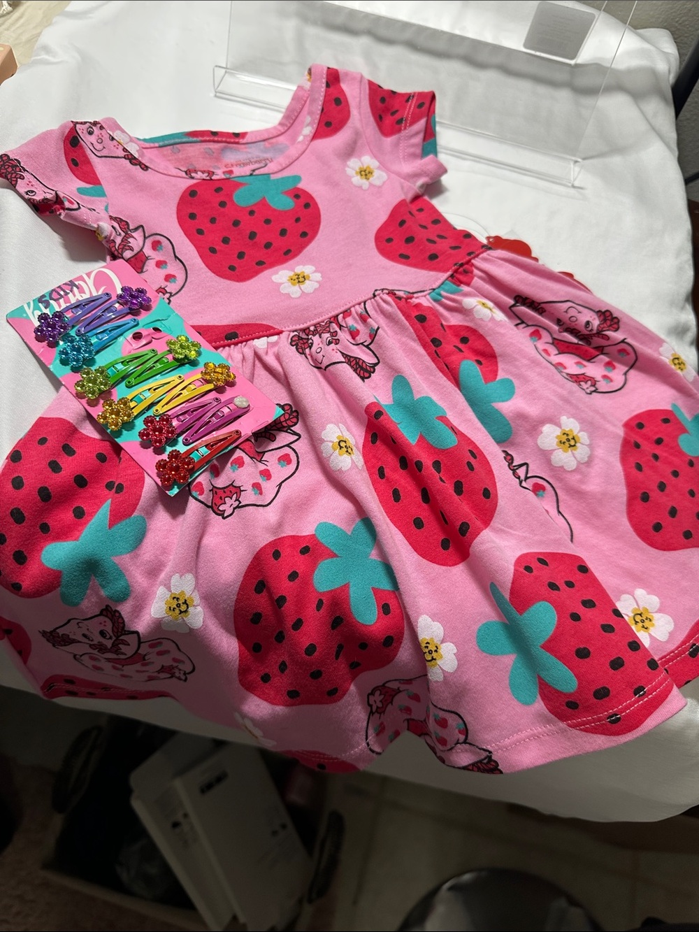 Pink Strawberry Shortcake Print Baby Dress Sz 12 months and 10 colorful hairbows